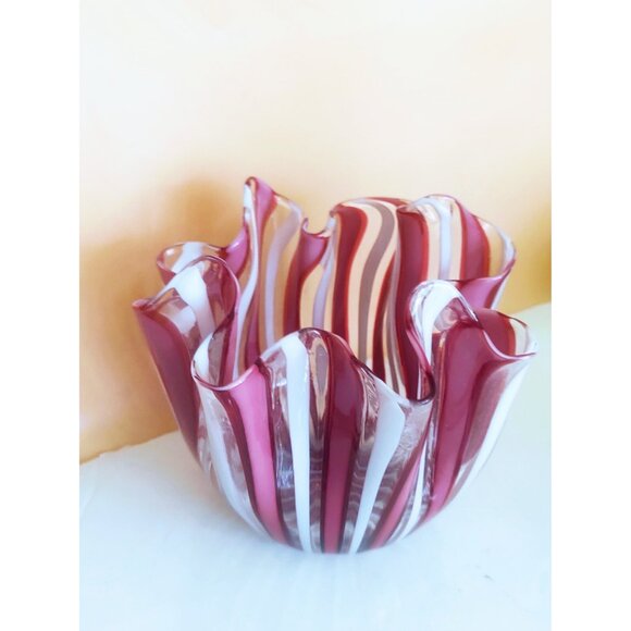 Venini Bianconi Murano Red-Pink-White Ribbons Italian Art Glass Vase Fazzoletto - Picture 11 of 11